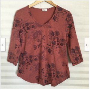 Prairie Cotton Top Rust Floral Paisley 3/4 Sleeves V Neck Made in USA